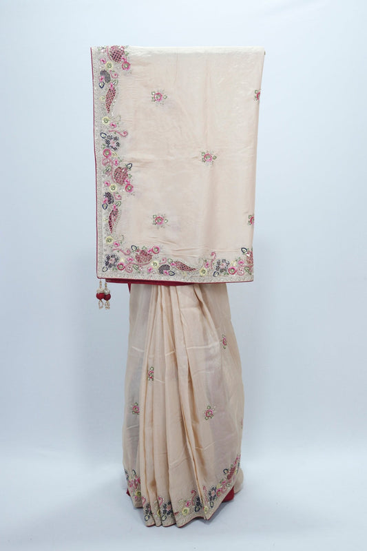 Beige Silk Saree with Multicolor Floral Embroidery and Paisley Border Detailing - Mangaldeep NX