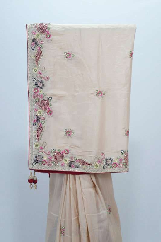 Beige Silk Saree with Multicolor Floral Embroidery and Paisley Border Detailing - Mangaldeep NX