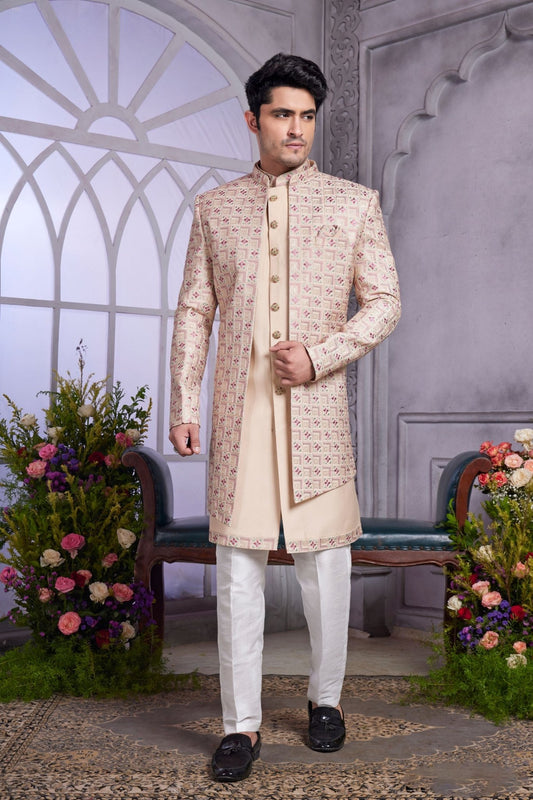 Beige Textured Indo Western with Embroidered Jacket for Men - Mangaldeep NX