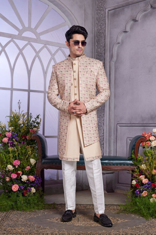 Beige Textured Indo Western with Embroidered Jacket for Men - Mangaldeep NX