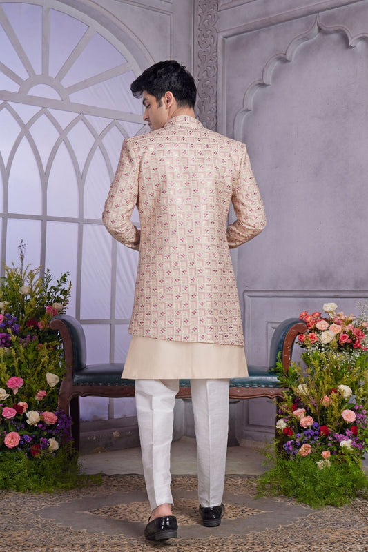 Beige Textured Indo Western with Embroidered Jacket for Men - Mangaldeep NX