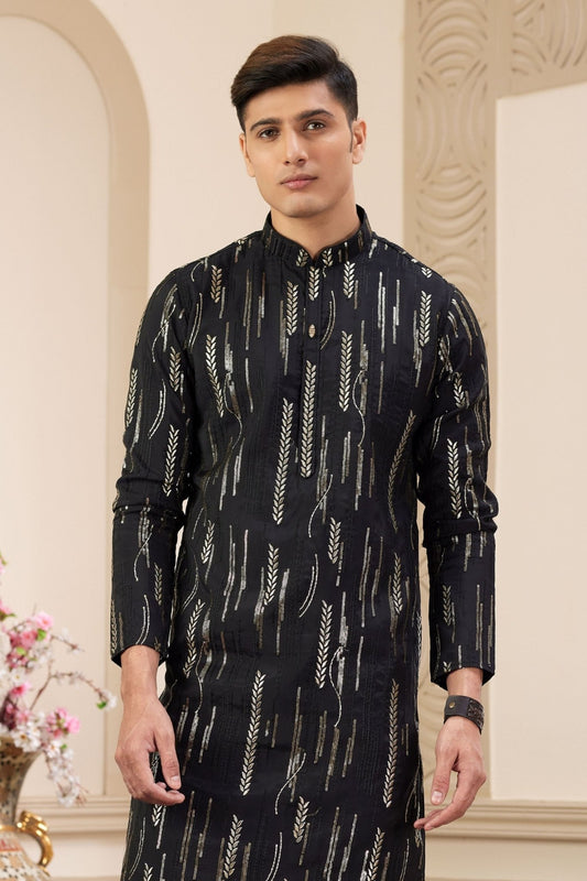 Black and Gold Embroidered Kurta Pajama Set for Men - Mangaldeep NX