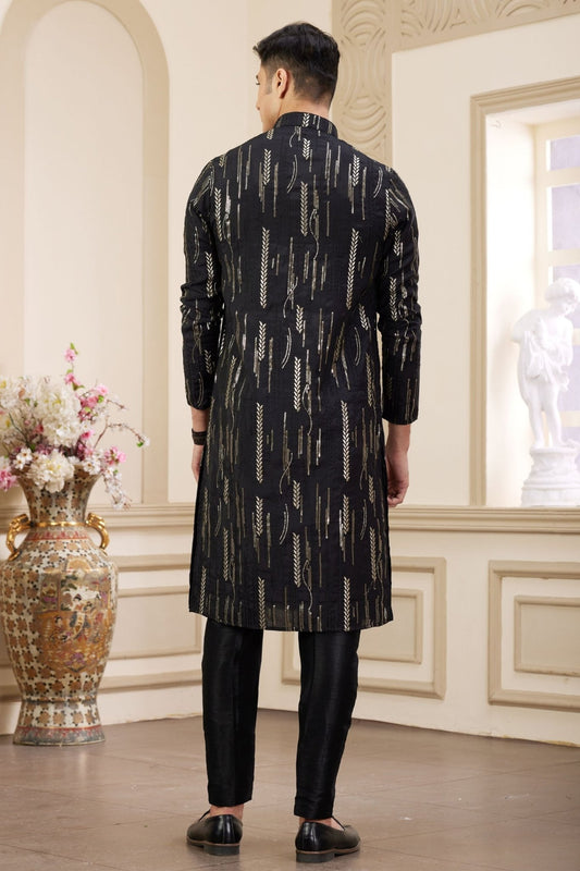 Black and Gold Embroidered Kurta Pajama Set for Men - Mangaldeep NX