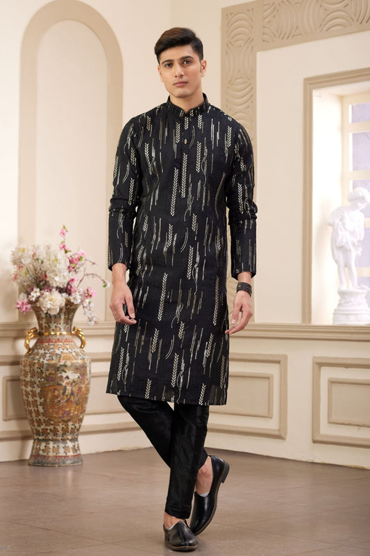 Black and Gold Embroidered Kurta Pajama Set for Men - Mangaldeep NX