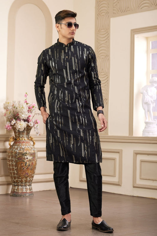 Black and Gold Embroidered Kurta Pajama Set for Men - Mangaldeep NX