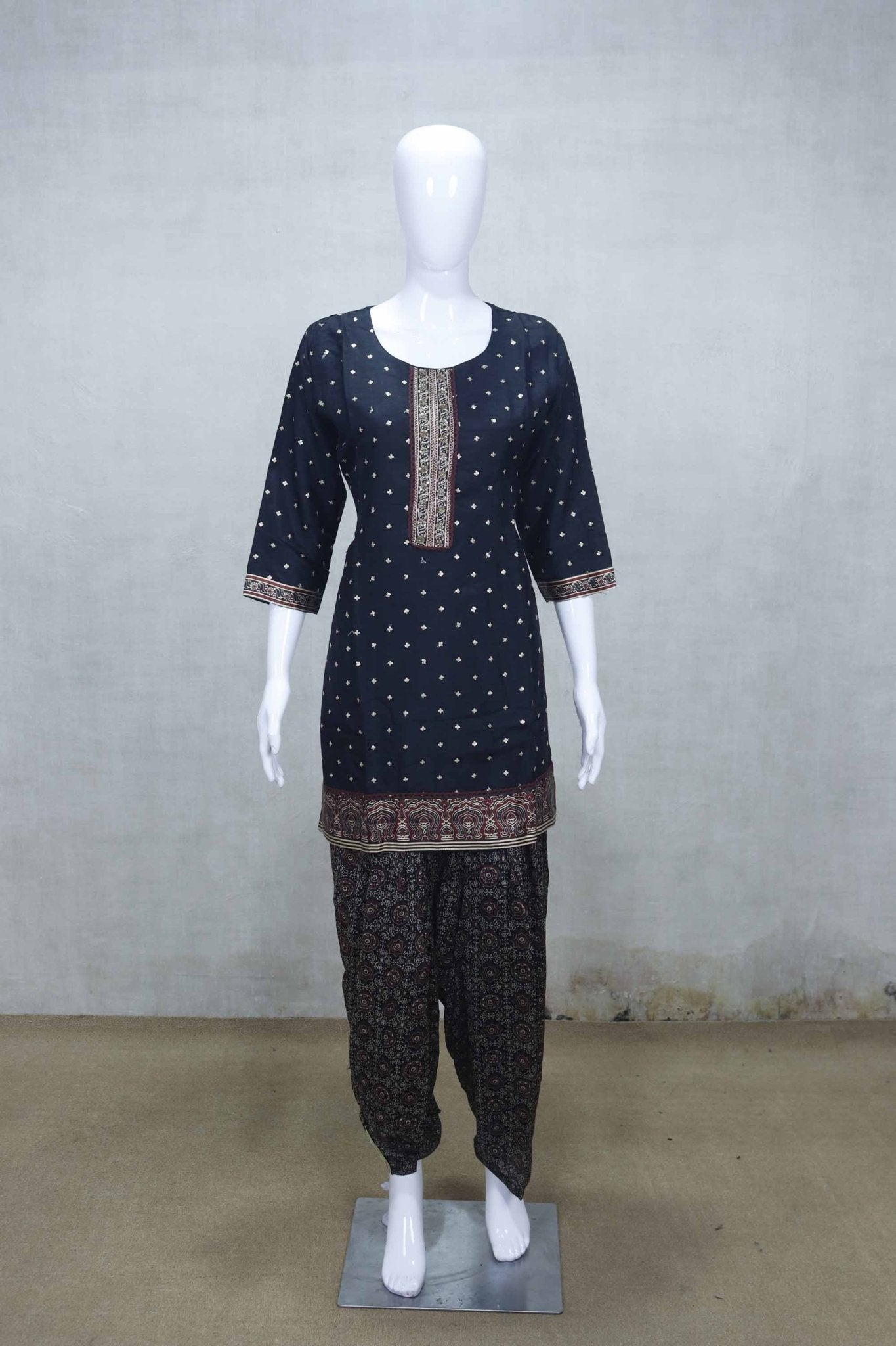 Black and Maroon Patiala Kurta Set with Embroidered Neckline and Printed Salwar Dupatta - Mangaldeep NX