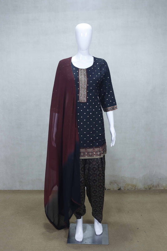 Black and Maroon Patiala Kurta Set with Embroidered Neckline and Printed Salwar Dupatta - Mangaldeep NX