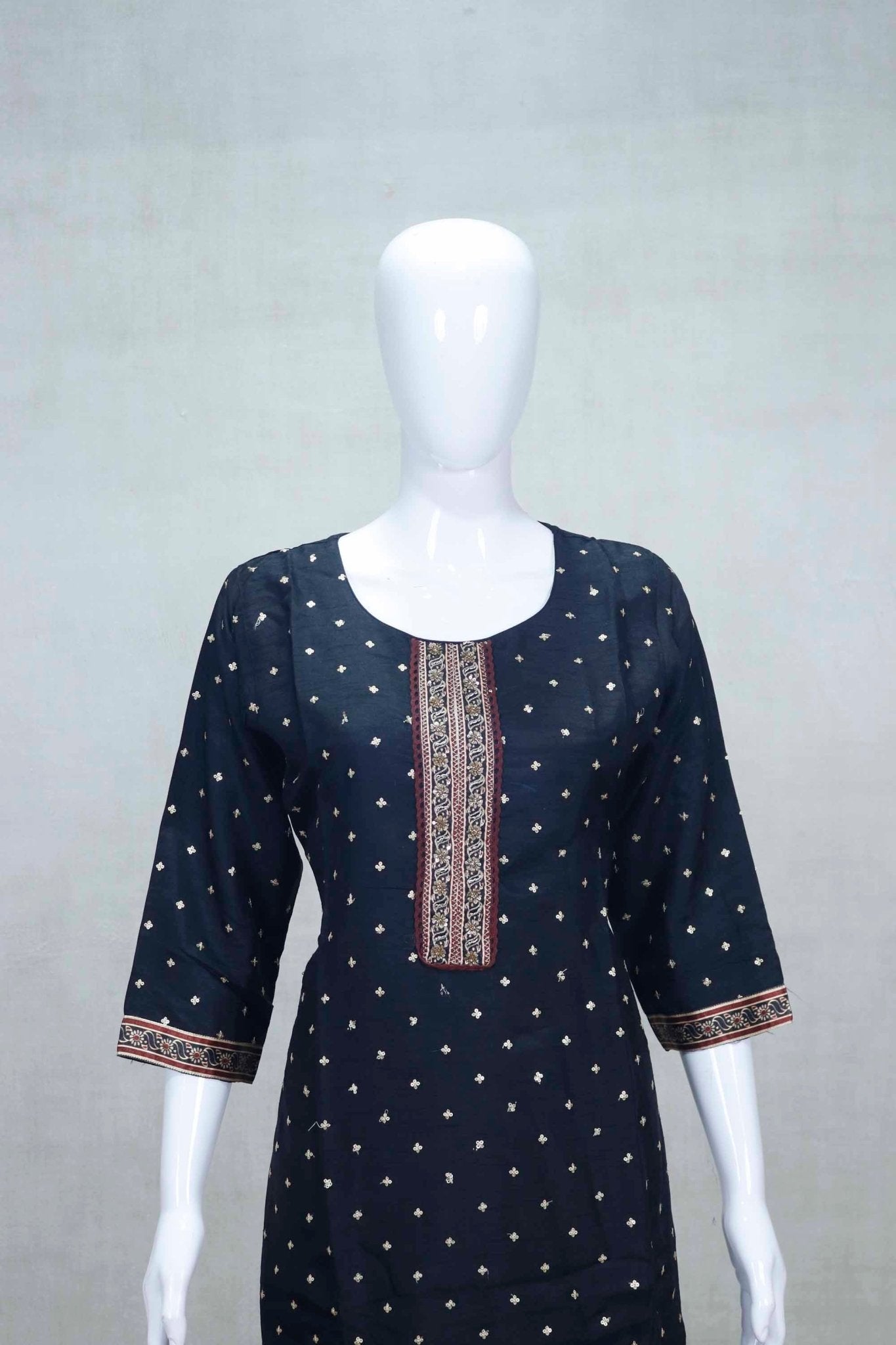 Black and Maroon Patiala Kurta Set with Embroidered Neckline and Printed Salwar Dupatta - Mangaldeep NX