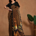 Black and Mustard Zigzag Printed Pre - Draped Saree with Floral Pallu and Sequin Blouse - Mangaldeep NX