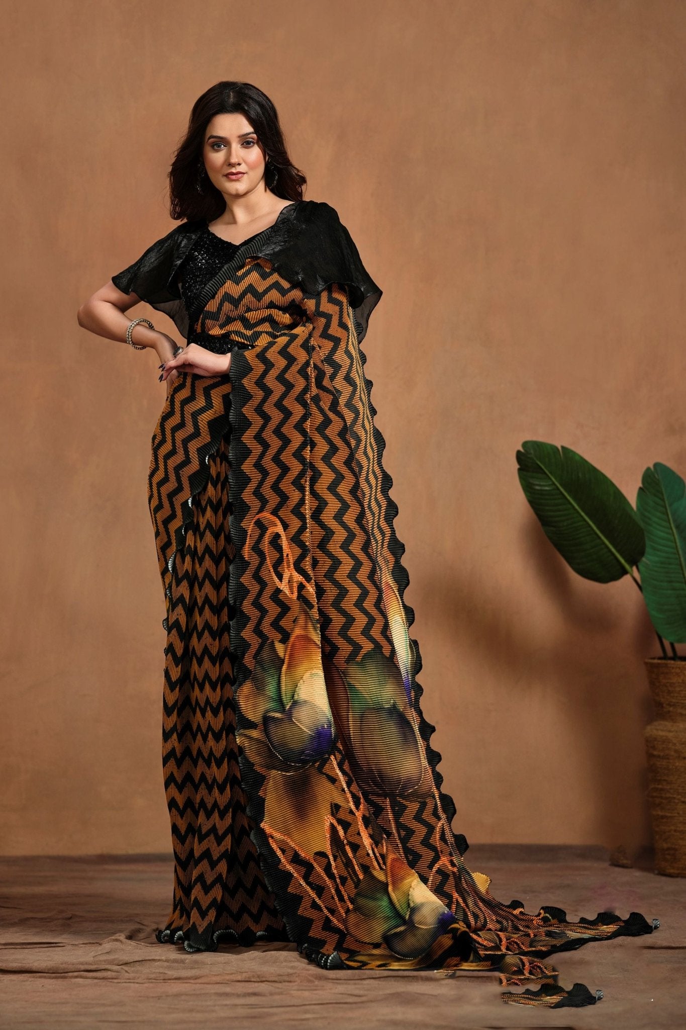 Black and Mustard Zigzag Printed Pre - Draped Saree with Floral Pallu and Sequin Blouse - Mangaldeep NX