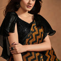Black and Mustard Zigzag Printed Pre - Draped Saree with Floral Pallu and Sequin Blouse - Mangaldeep NX