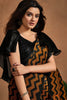 Black and Mustard Zigzag Printed Pre - Draped Saree with Floral Pallu and Sequin Blouse - Mangaldeep NX