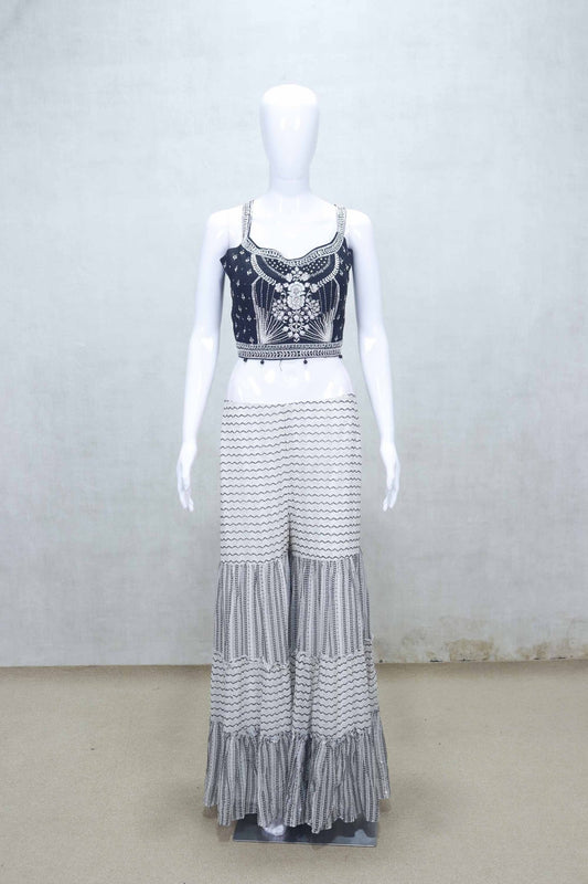 Black and White Printed Sharara Set with Embroidered Crop Top and Long Shrug - Mangaldeep NX