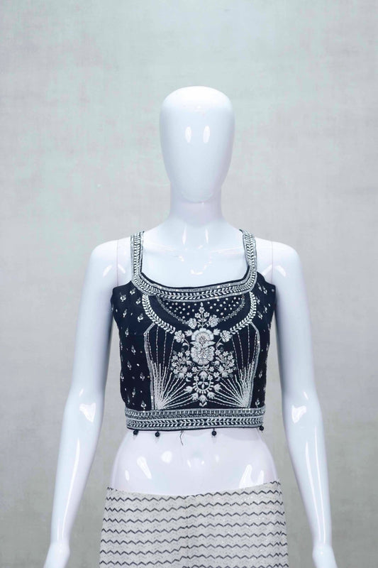 Black and White Printed Sharara Set with Embroidered Crop Top and Long Shrug - Mangaldeep NX