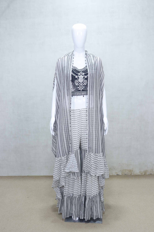 Black and White Printed Sharara Set with Embroidered Crop Top and Long Shrug - Mangaldeep NX