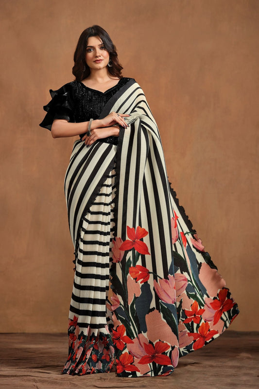 Black and White Striped Pre - Draped Saree with Red Floral Print and Sequin Blouse - Mangaldeep NX