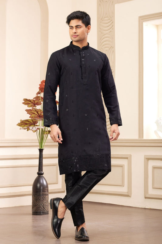 Black Embroidered Kurta with Matching Churidar Pants for Men - Mangaldeep NX
