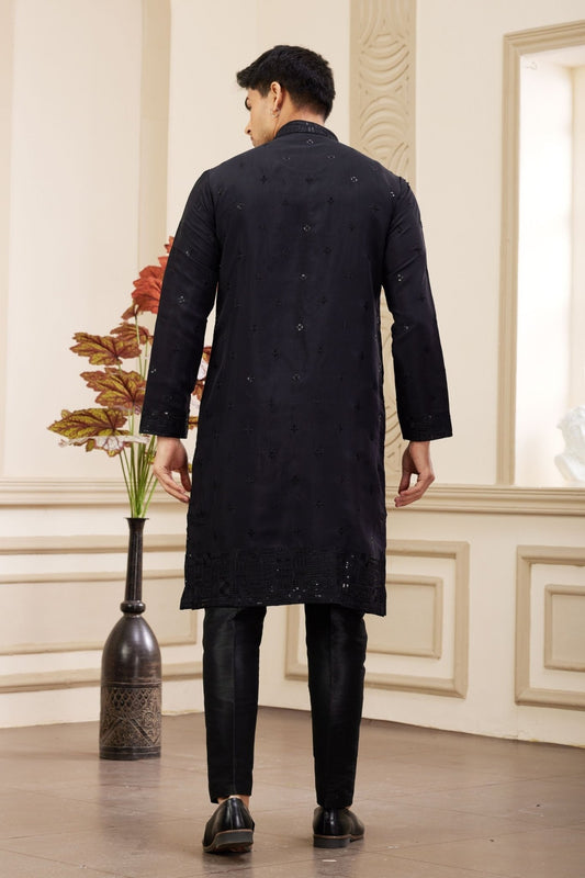 Black Embroidered Kurta with Matching Churidar Pants for Men - Mangaldeep NX