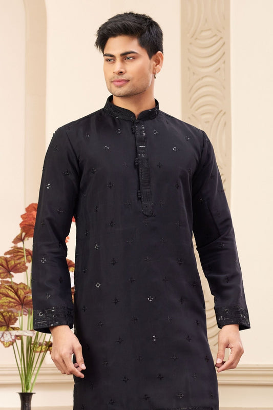 Black Embroidered Kurta with Matching Churidar Pants for Men - Mangaldeep NX