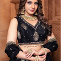 Black Embroidered Silk Lehenga Choli Set with Zari and Mirror Work - Mangaldeep NX