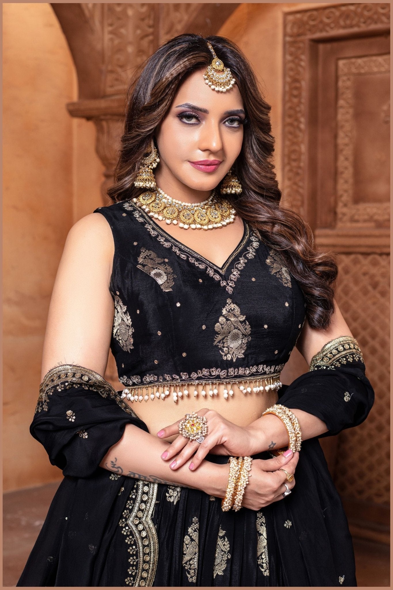 Black Embroidered Silk Lehenga Choli Set with Zari and Mirror Work - Mangaldeep NX