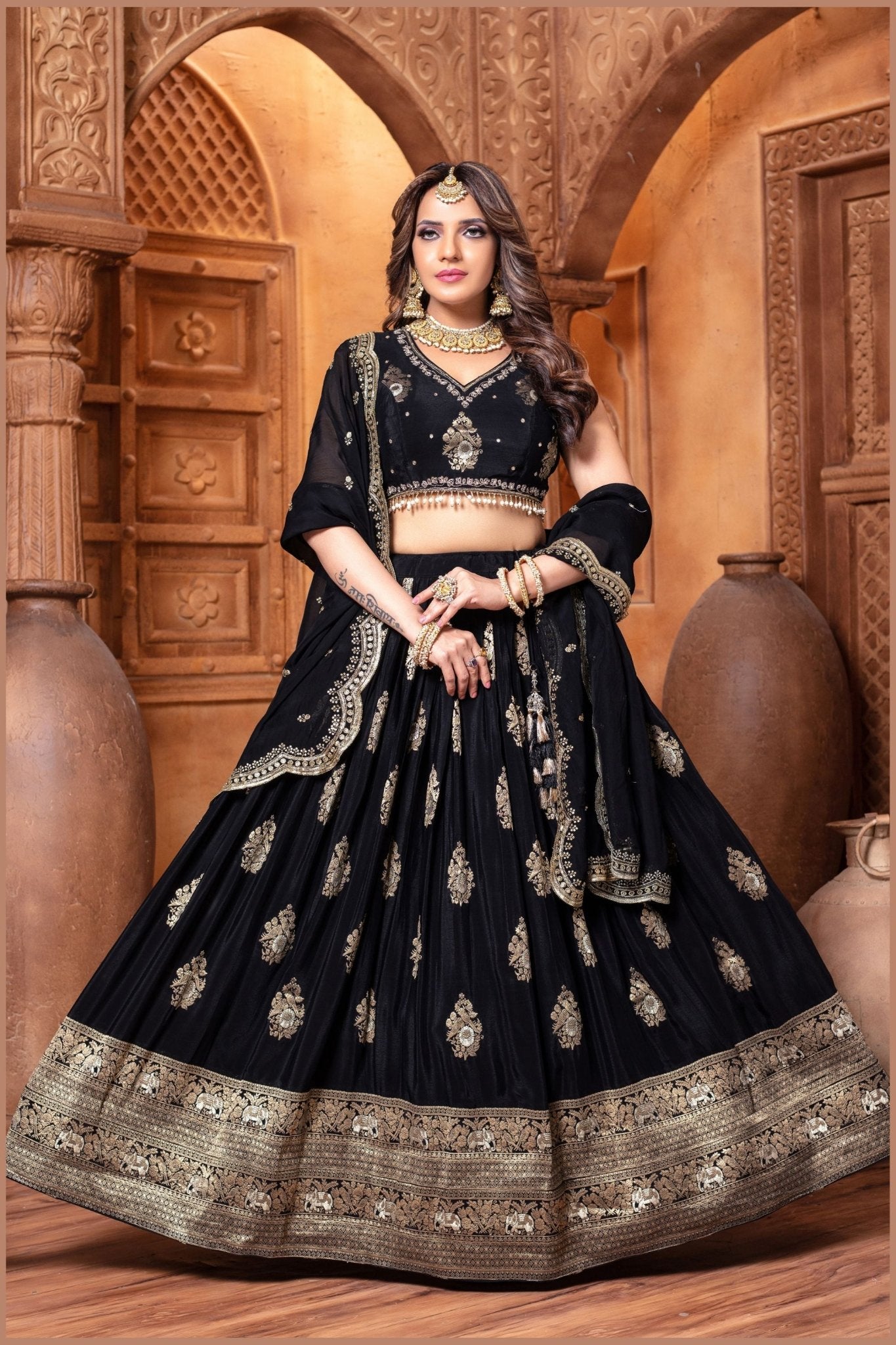 Black Embroidered Silk Lehenga Choli Set with Zari and Mirror Work - Mangaldeep NX