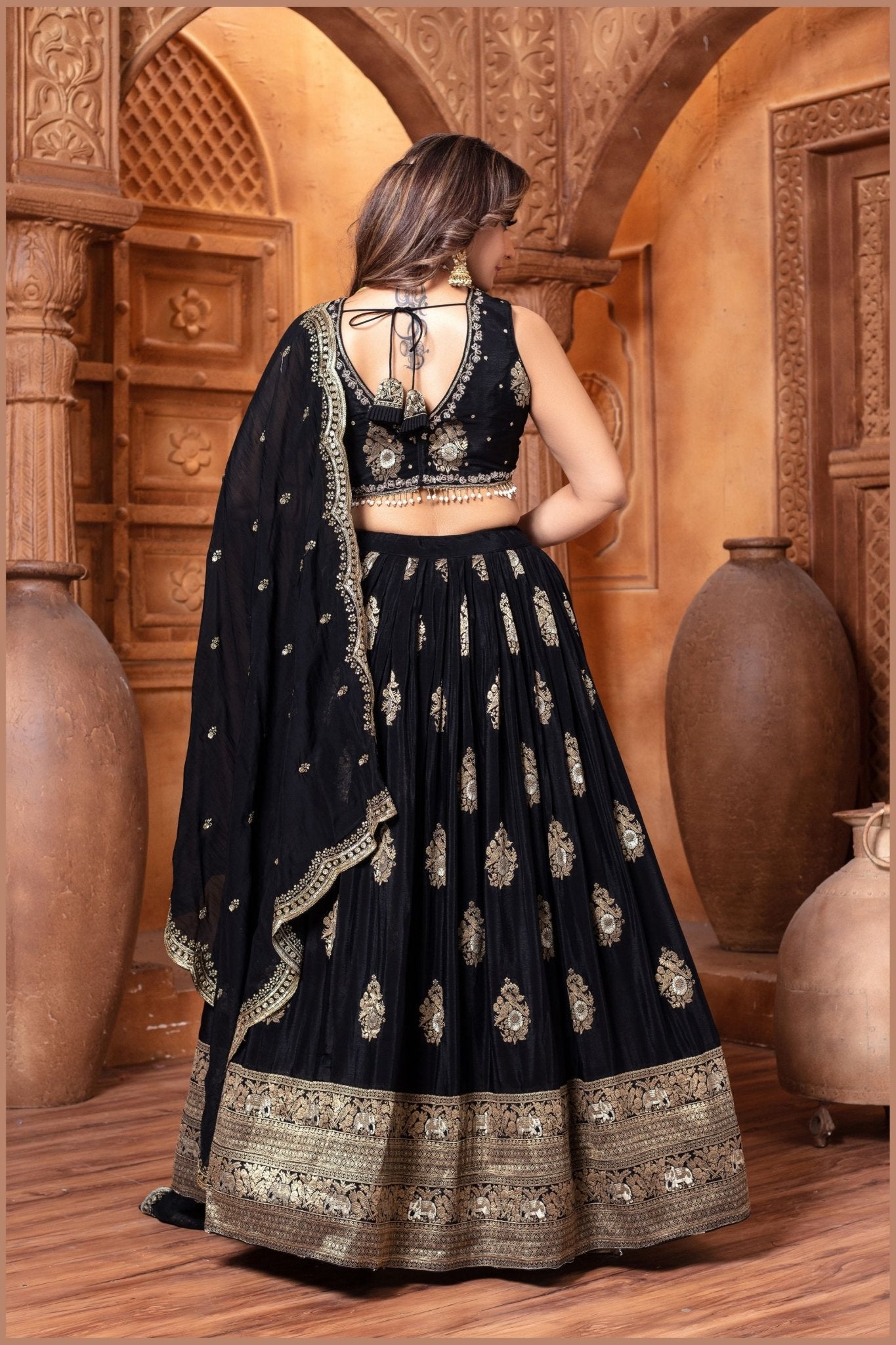 Black Embroidered Silk Lehenga Choli Set with Zari and Mirror Work - Mangaldeep NX