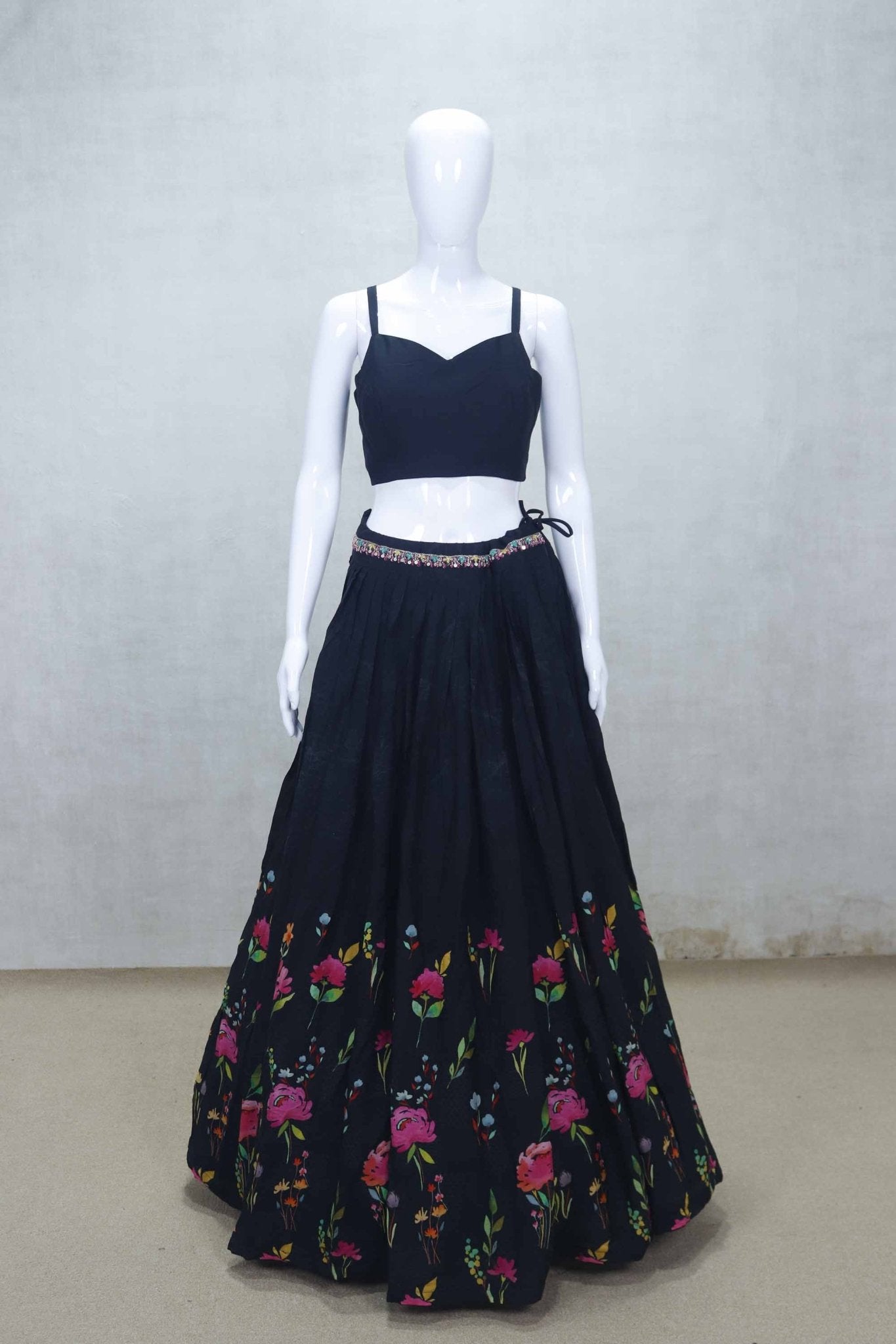 Black Floral Embroidered Lehenga Set with Tie - Up Shrug and Sweetheart Blouse - Mangaldeep NX