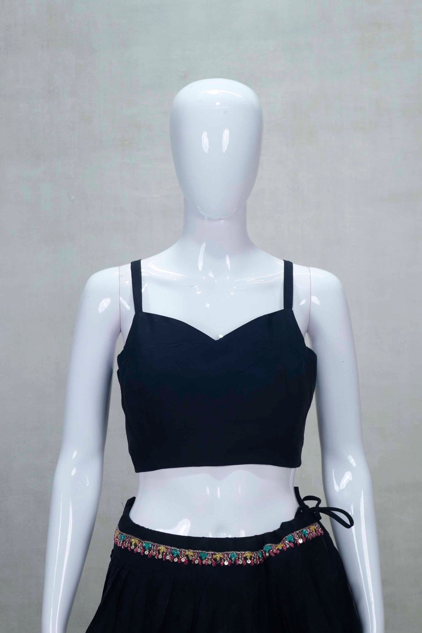 Black Floral Embroidered Lehenga Set with Tie - Up Shrug and Sweetheart Blouse - Mangaldeep NX