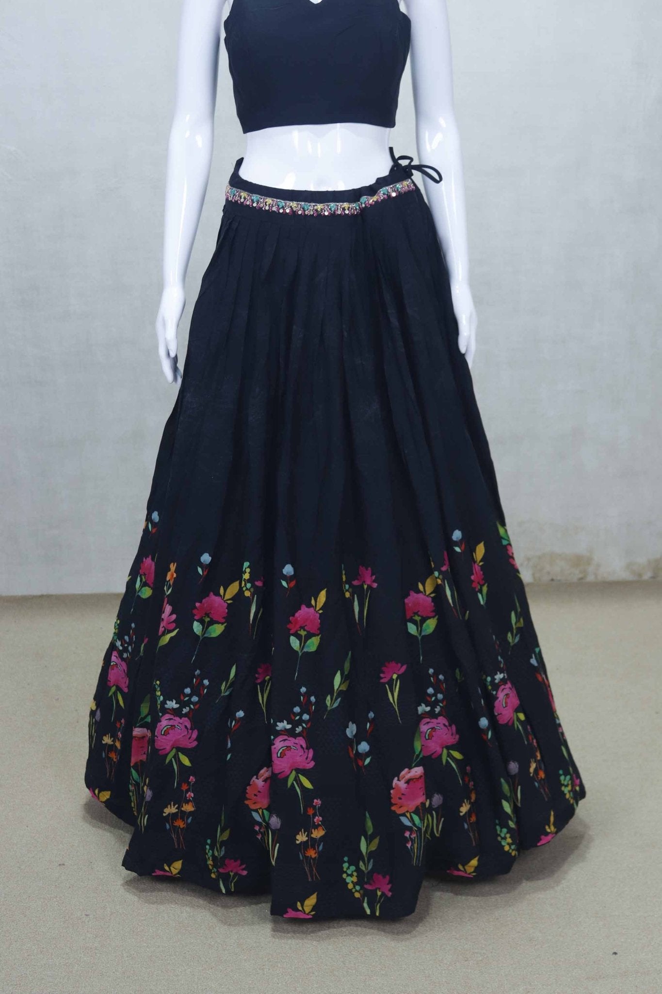 Black Floral Embroidered Lehenga Set with Tie - Up Shrug and Sweetheart Blouse - Mangaldeep NX