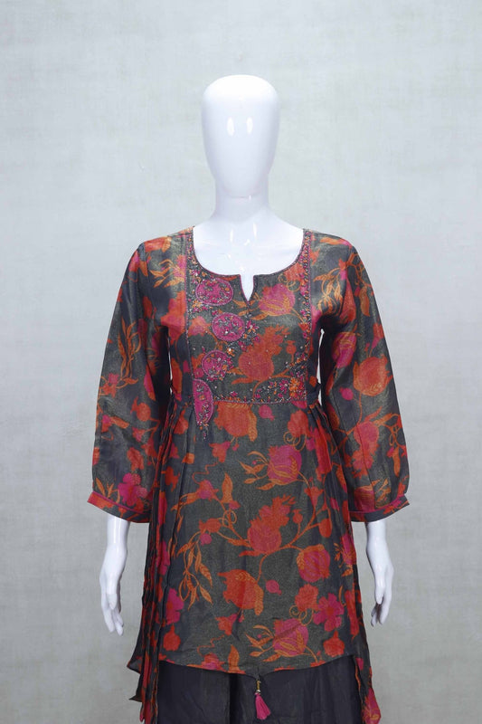 Black Floral Printed Kurti Style Sharara Set with Dupatta - Mangaldeep NX