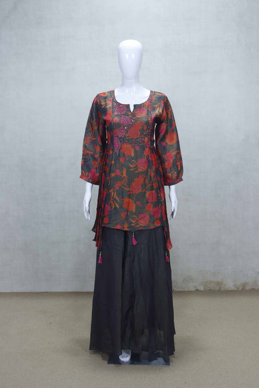 Black Floral Printed Kurti Style Sharara Set with Dupatta - Mangaldeep NX