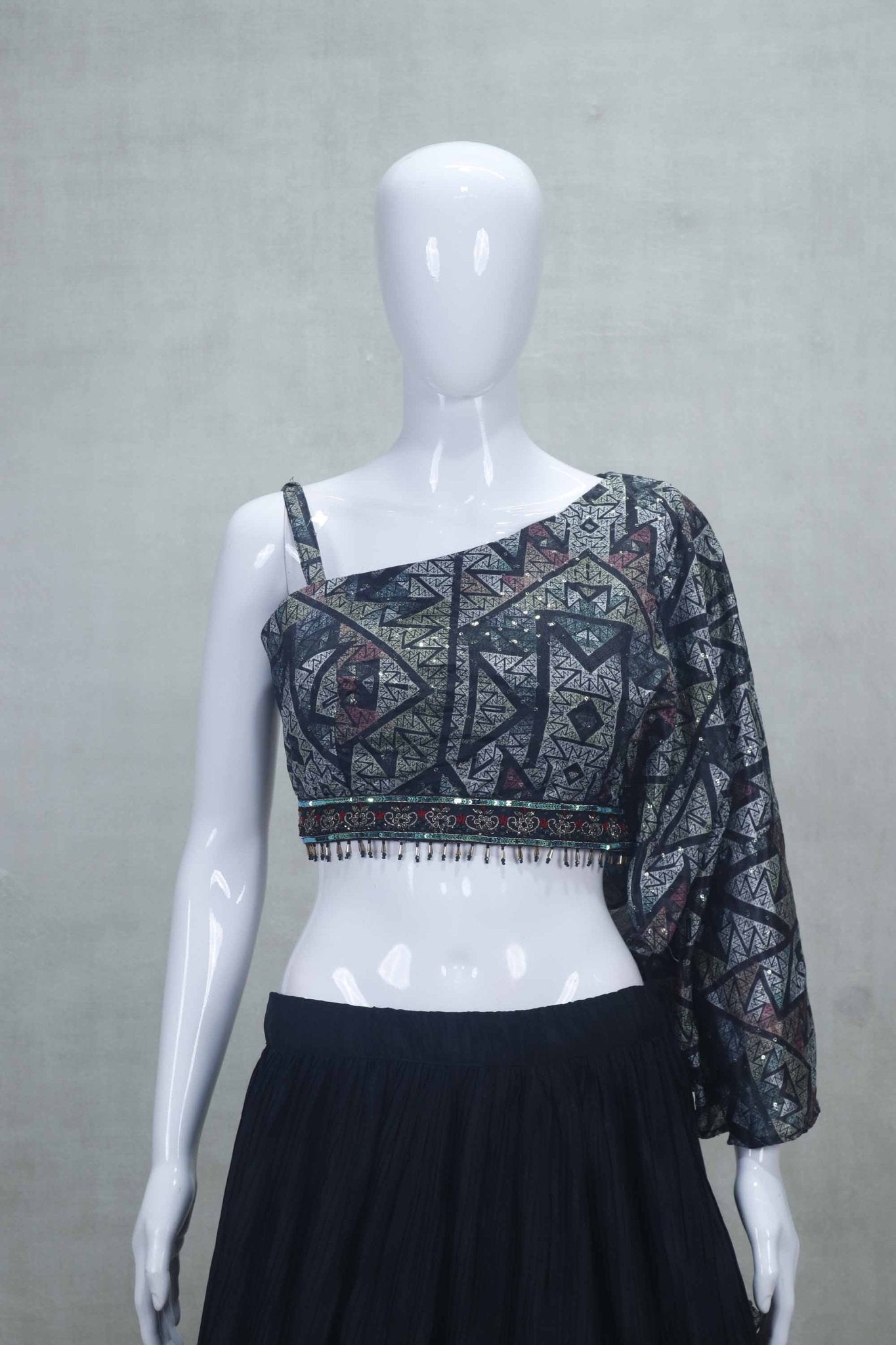 Black Georgette Lehenga Choli with Geometric Print Crop Top and Dupatta - Mangaldeep NX