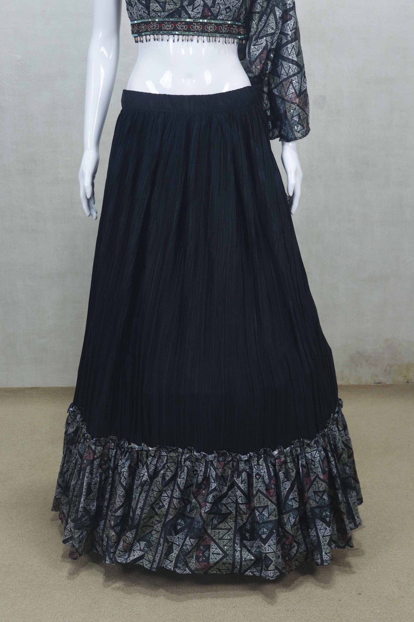 Black Georgette Lehenga Choli with Geometric Print Crop Top and Dupatta - Mangaldeep NX