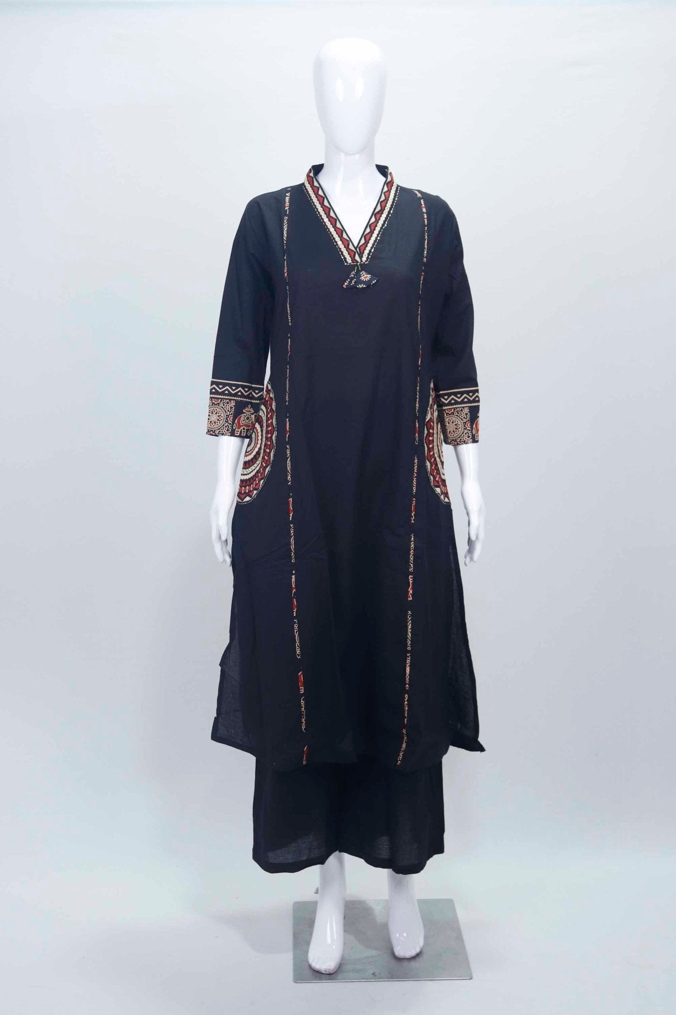 Black Handblock Printed Cotton Kurta Set with Ajrakh Dupatta and Palazzo - Mangaldeep NX