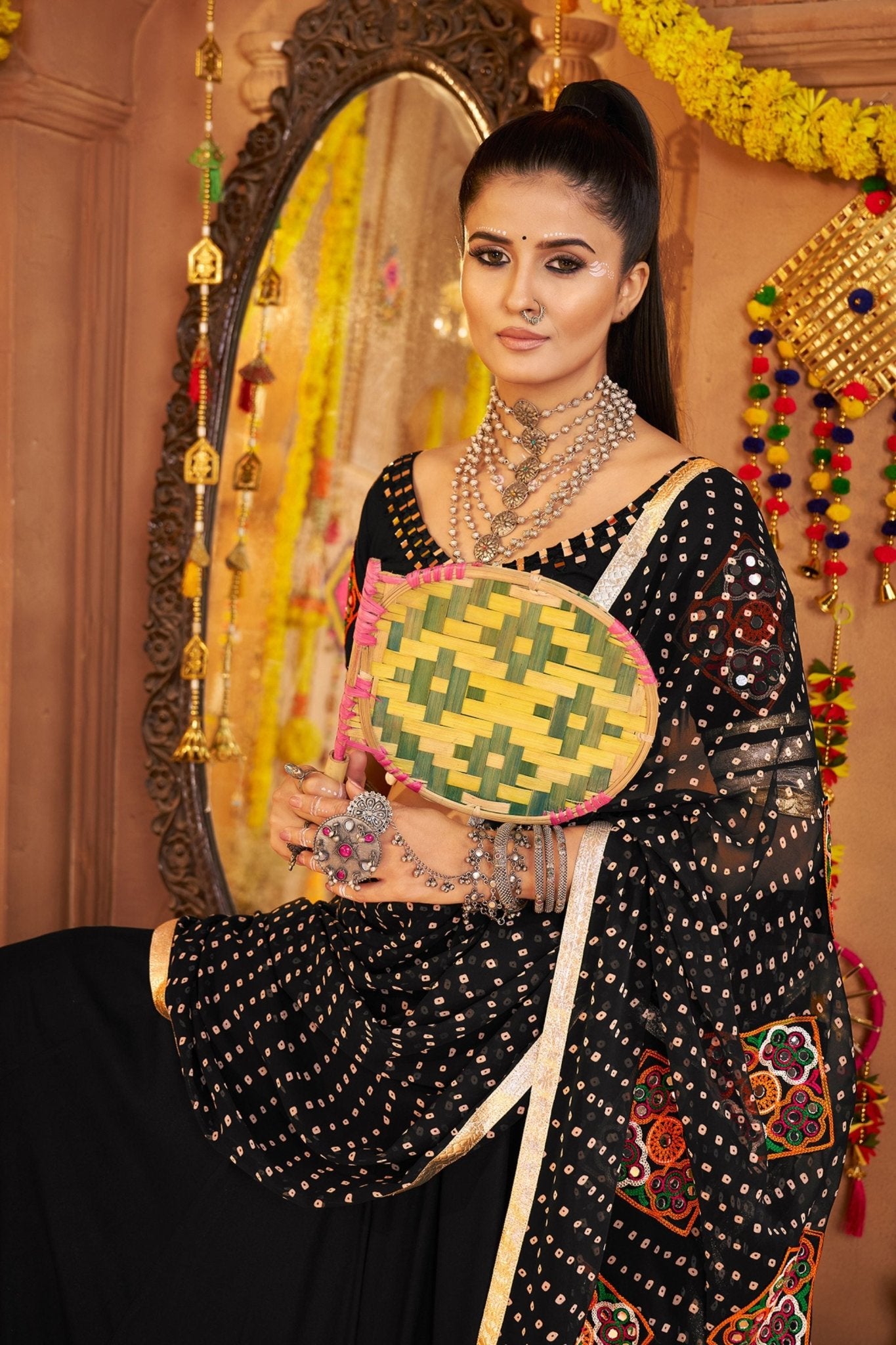 Black Mirror Embroidered Navratri Lehenga Choli Set with Striped Bandhani Dupatta - Mangaldeep NX