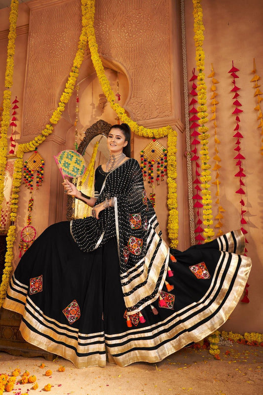 Black Mirror Embroidered Navratri Lehenga Choli Set with Striped Bandhani Dupatta - Mangaldeep NX