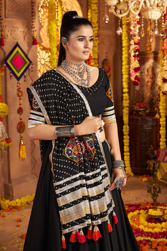 Black Mirror Embroidered Navratri Lehenga Choli Set with Striped Bandhani Dupatta - Mangaldeep NX