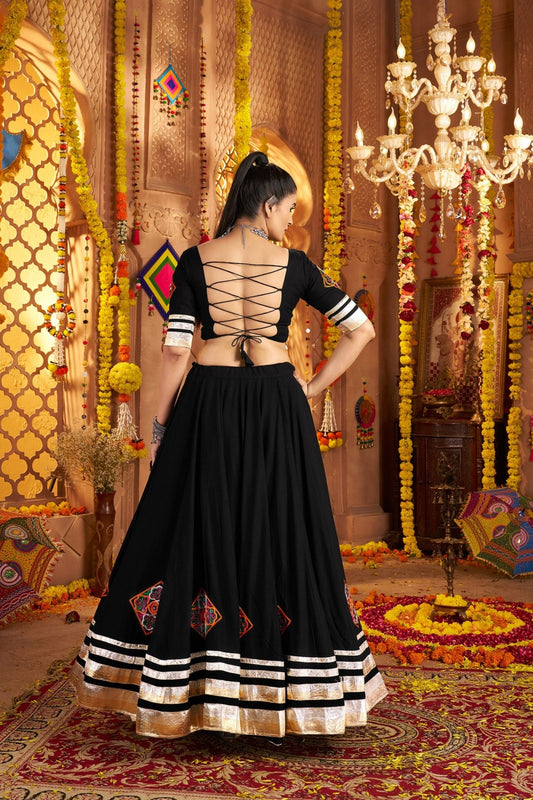 Black Mirror Embroidered Navratri Lehenga Choli Set with Striped Bandhani Dupatta - Mangaldeep NX