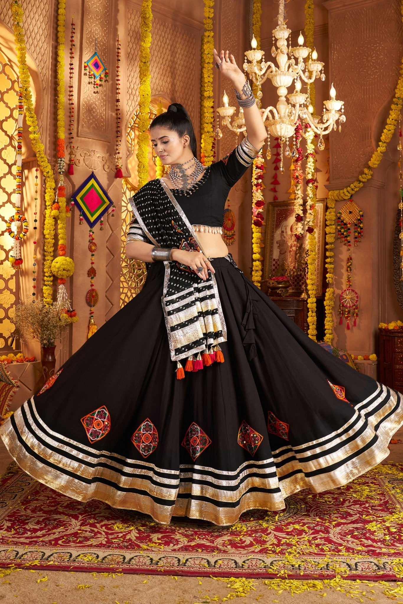 Black Mirror Embroidered Navratri Lehenga Choli Set with Striped Bandhani Dupatta - Mangaldeep NX