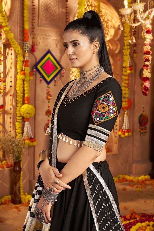 Black Mirror Embroidered Navratri Lehenga Choli Set with Striped Bandhani Dupatta - Mangaldeep NX