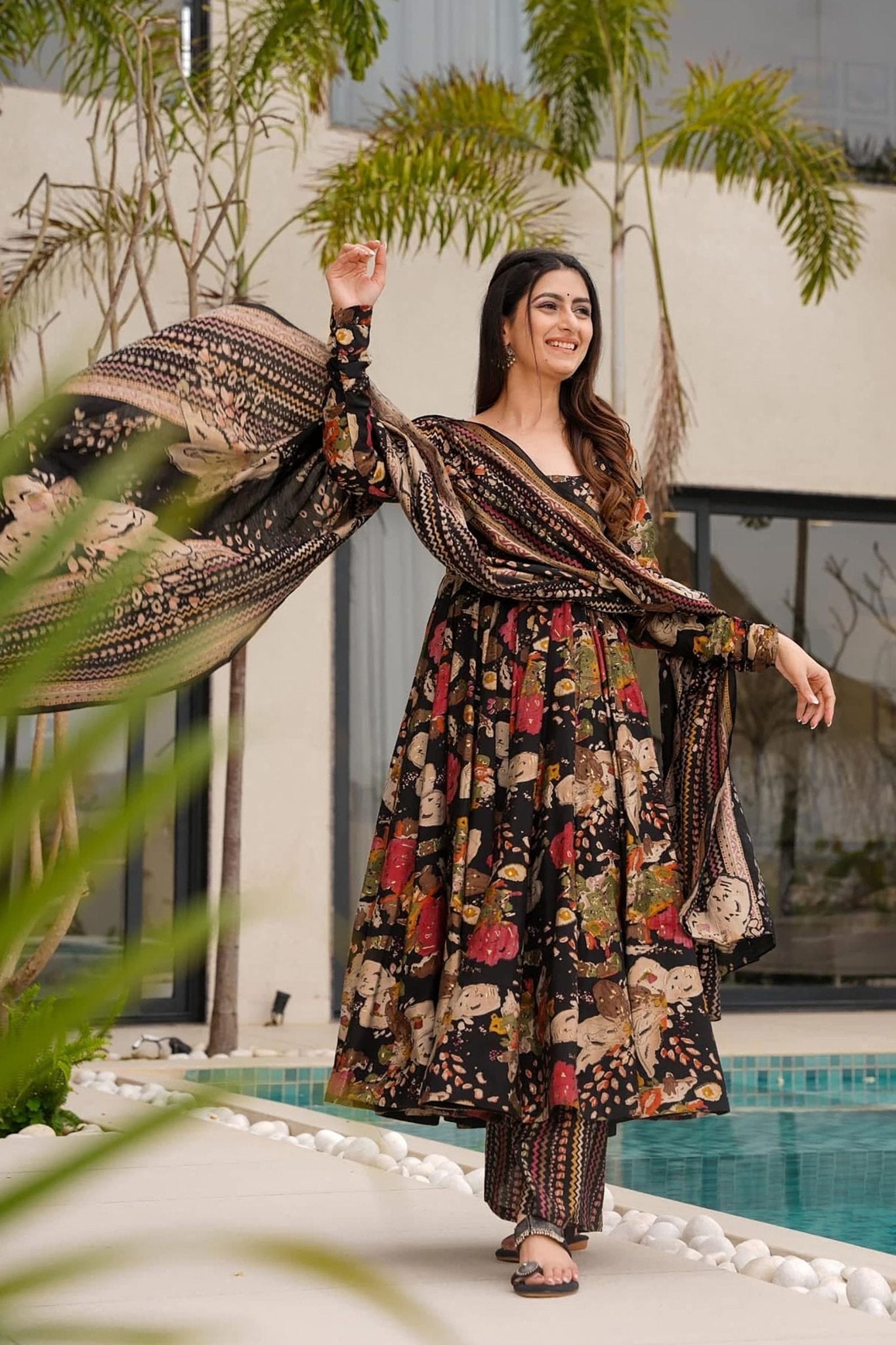 Black Multicolor Abstract Printed Anarkali Kurta Set with Dupatta - Mangaldeep NX
