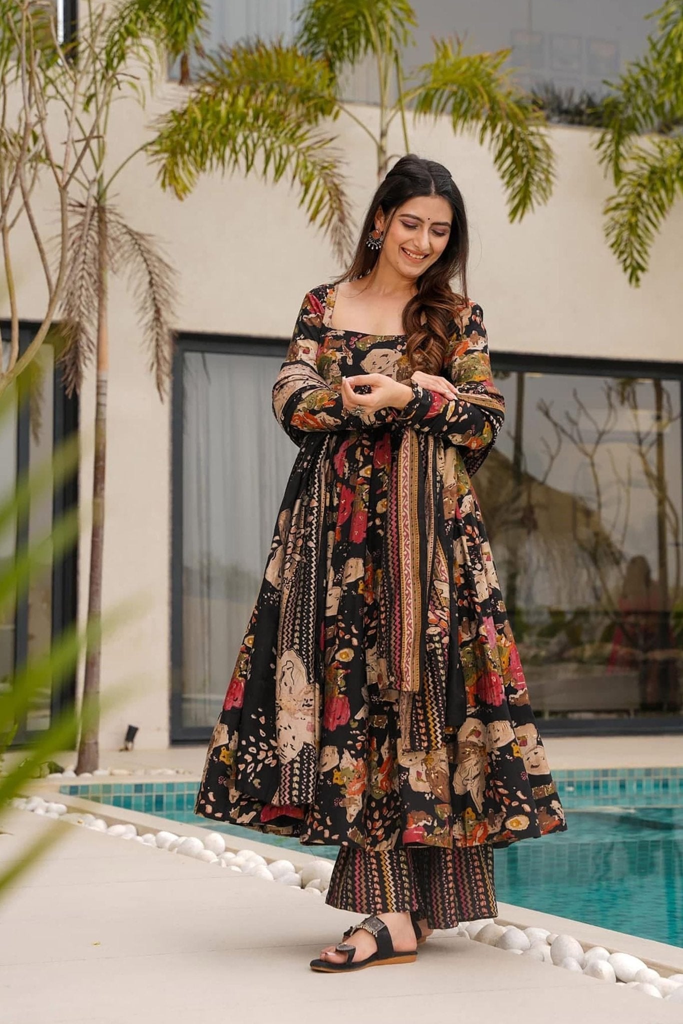 Black Multicolor Abstract Printed Anarkali Kurta Set with Dupatta - Mangaldeep NX