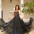 Black Printed Cotton Gown with Embroidered Yoke - Mangaldeep NX