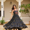 Black Printed Cotton Gown with Embroidered Yoke - Mangaldeep NX