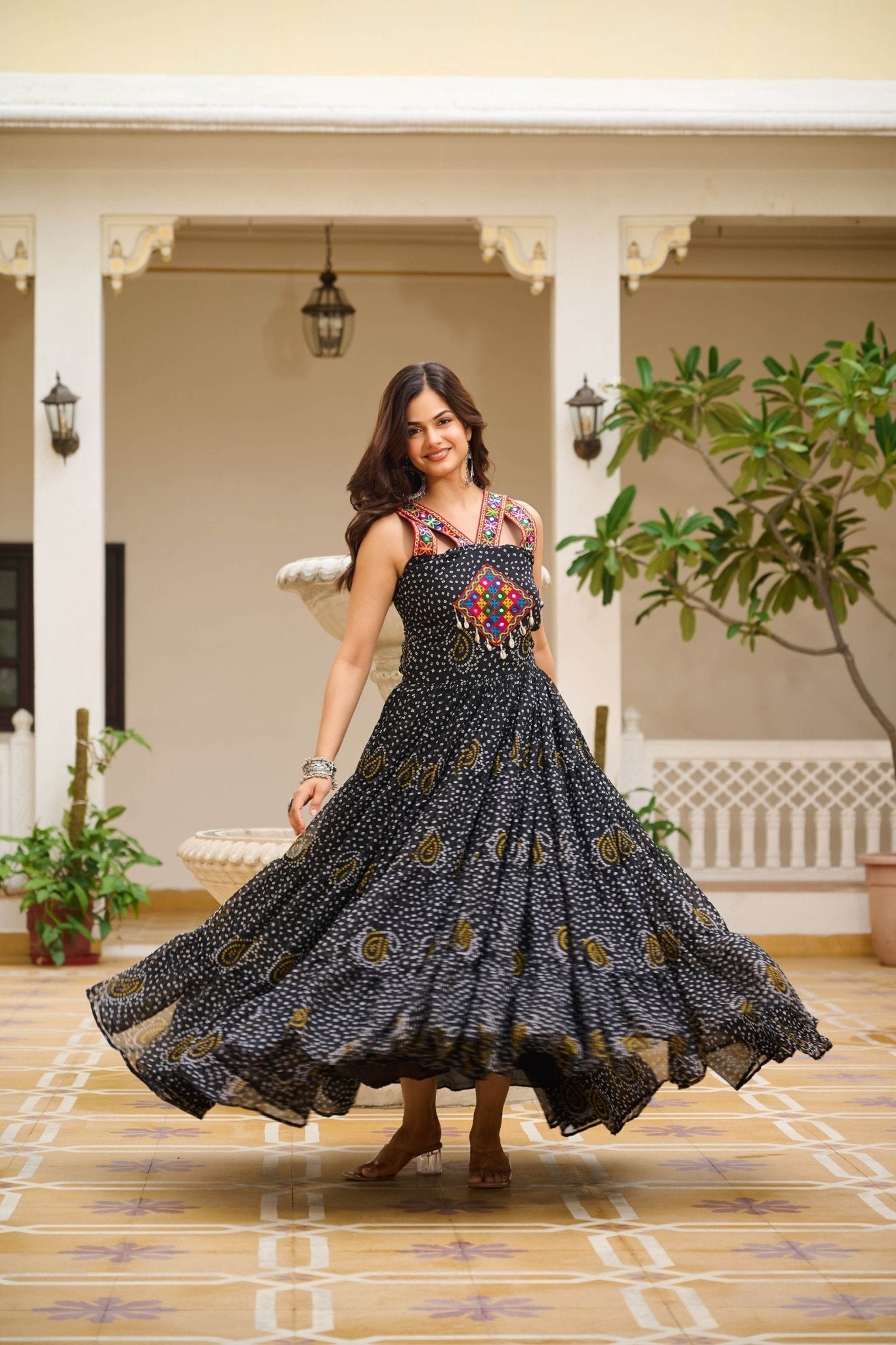Black Printed Cotton Gown with Embroidered Yoke - Mangaldeep NX