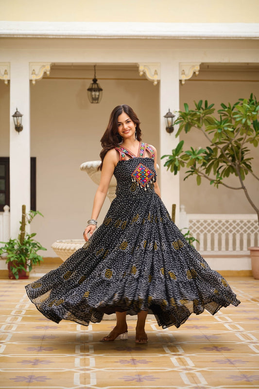 Black Printed Cotton Gown with Embroidered Yoke - Mangaldeep NX