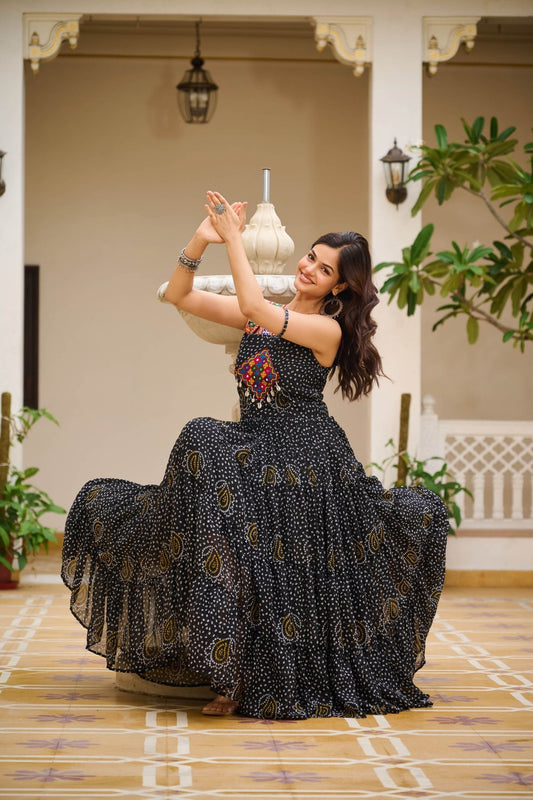 Black Printed Cotton Gown with Embroidered Yoke - Mangaldeep NX