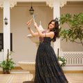 Black Printed Cotton Gown with Embroidered Yoke - Mangaldeep NX