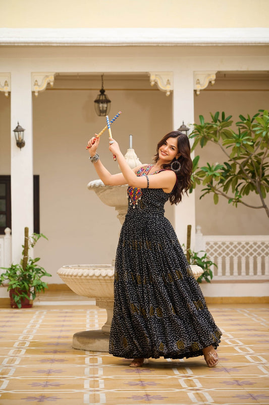 Black Printed Cotton Gown with Embroidered Yoke - Mangaldeep NX
